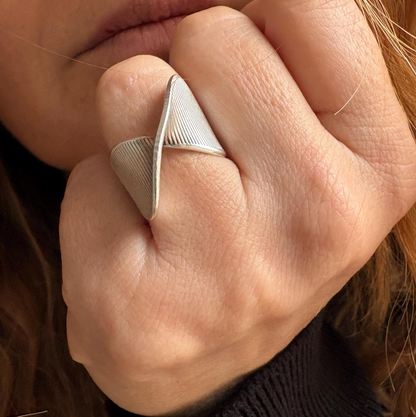 Silver Plated Brass Crossover Ring • Ribbed Geometric Adjustable Band