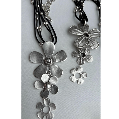 Brutalist Boho Flower Pendant Necklace, Antique Silver, Adjustable Cord