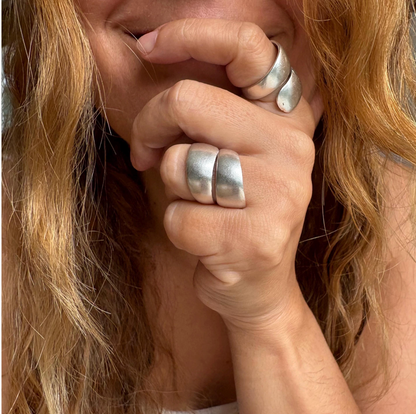 Chunky Silver Plated Brass Ring, Wide Band, Adjustable Statement Jewelry