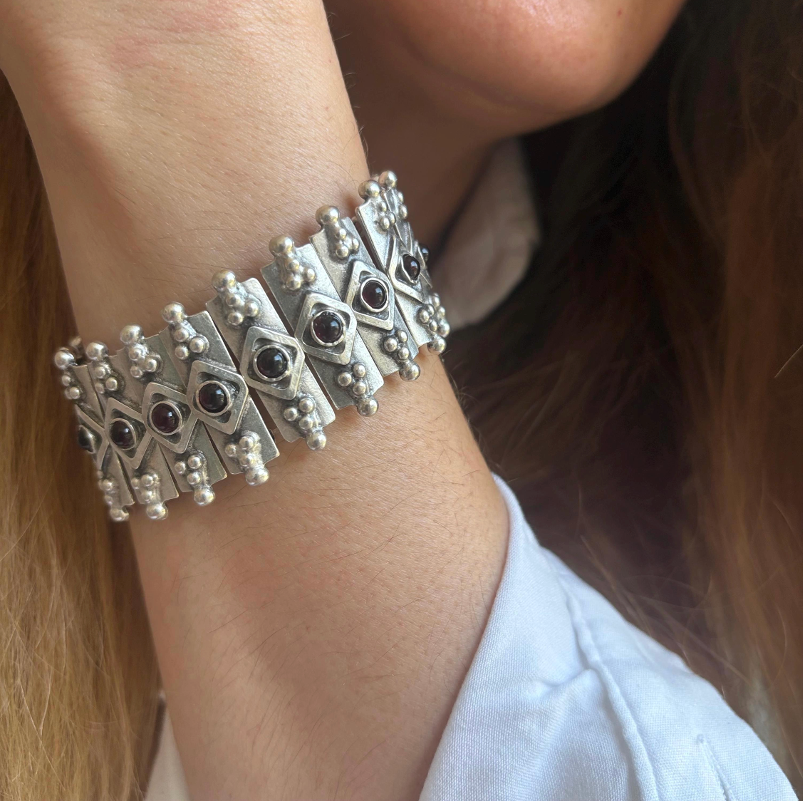 Bohemian Garnet Panel Bracelet, Silver Plated Brutalist Cuff, Gift For Her