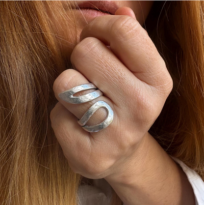 Adjustable Silver-Plated Brass Ring, Brutalist Modernist Jewelry