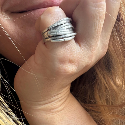 Rustic Silver Finish Brass Wrap Ring – Adjustable Organic Band