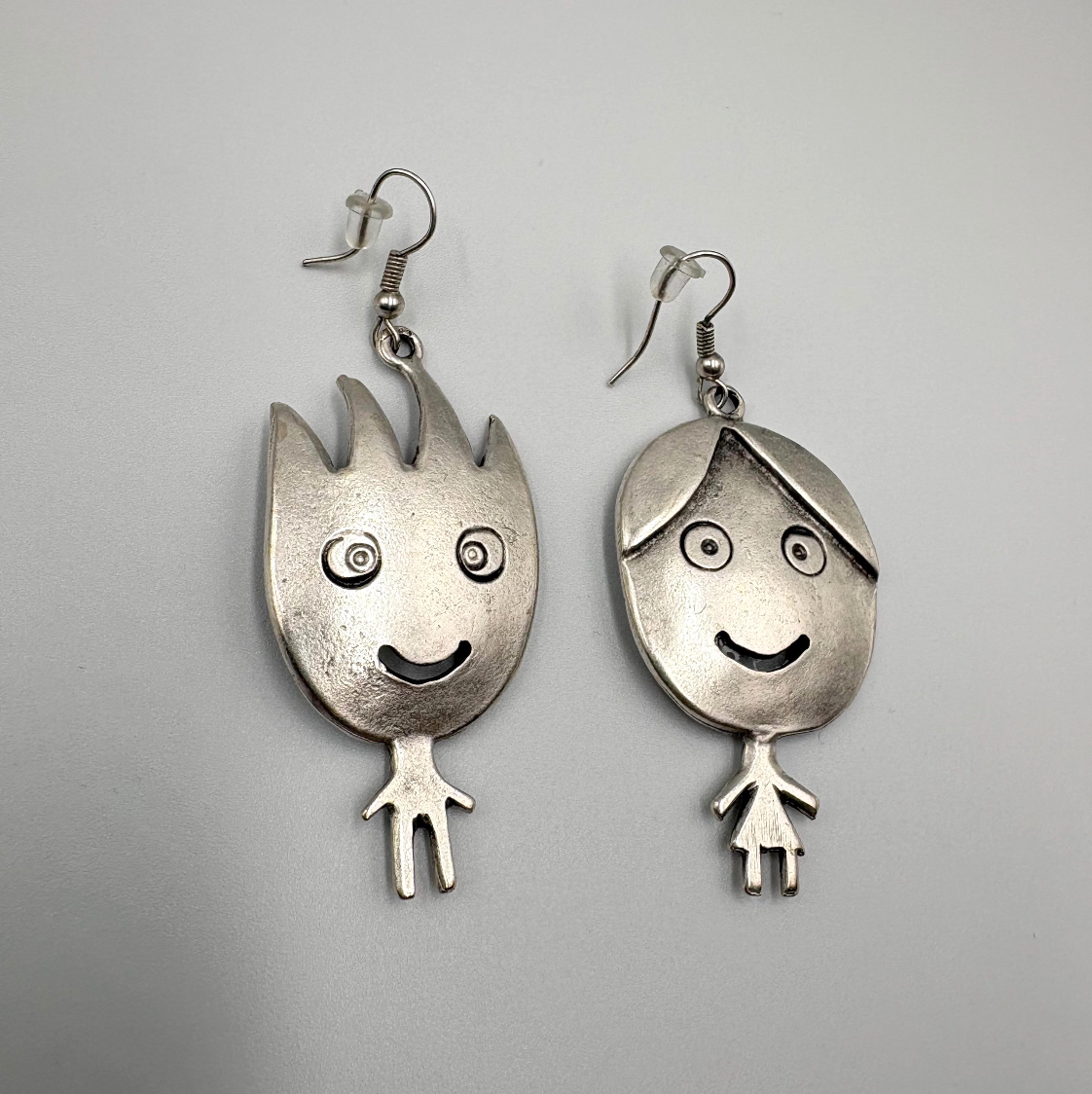 Vintage Silver Tone Smiling Boy and Girl Earrings | Whimsical Dangle Jewelry