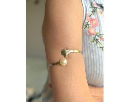 Boho Brass Arm Cuff: Shell and Faux Pearl Armlet