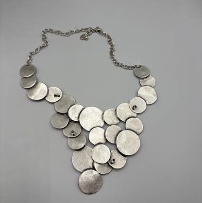 Brutalist Silver Plated Disc Necklace, Hammered Medallion Collar, Boho Bib Jewelry, Gift for Her