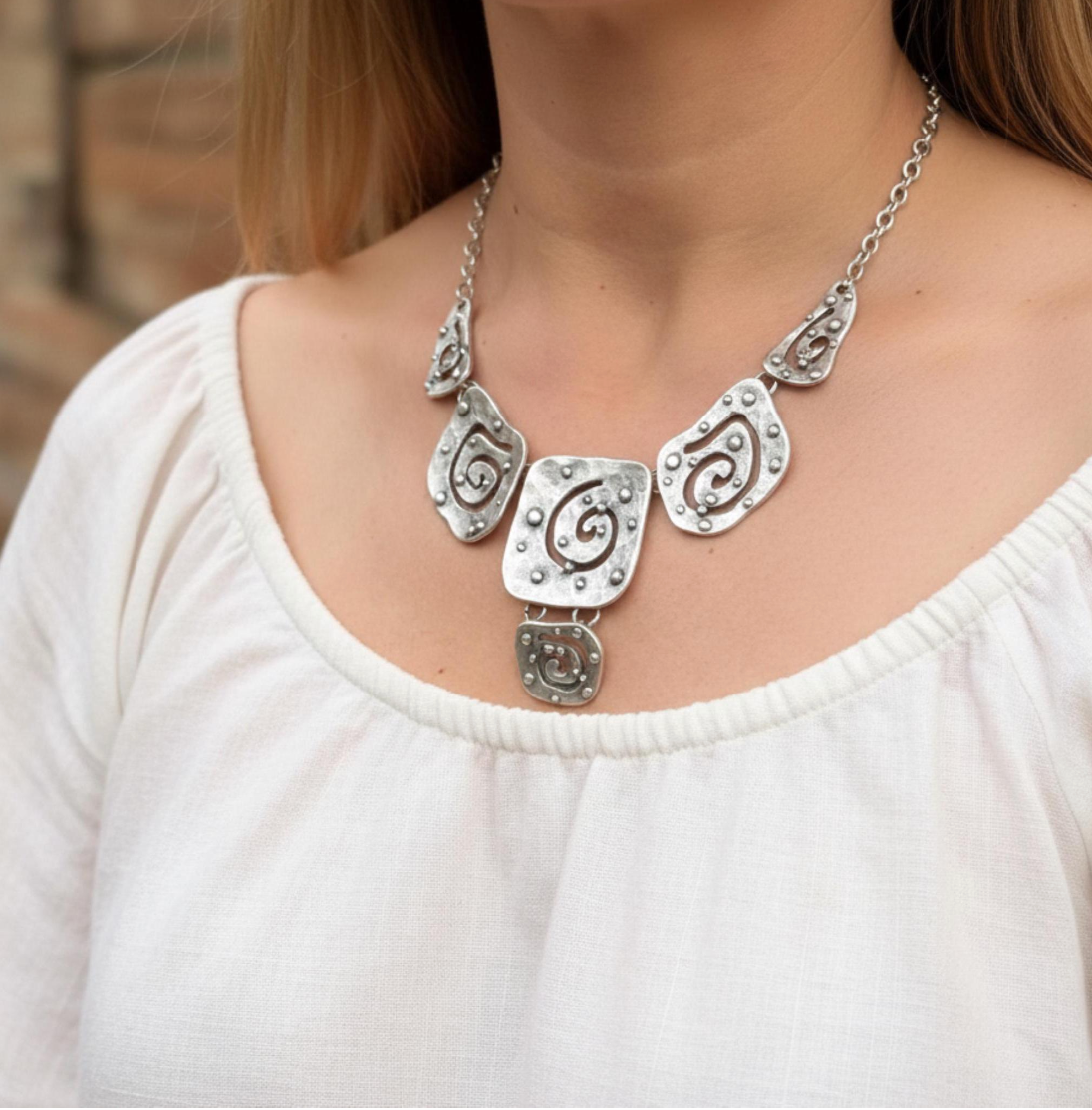 Handmade Silver Plated Bib Necklace: Chunky Spiral Pendant, Hypoallergenic