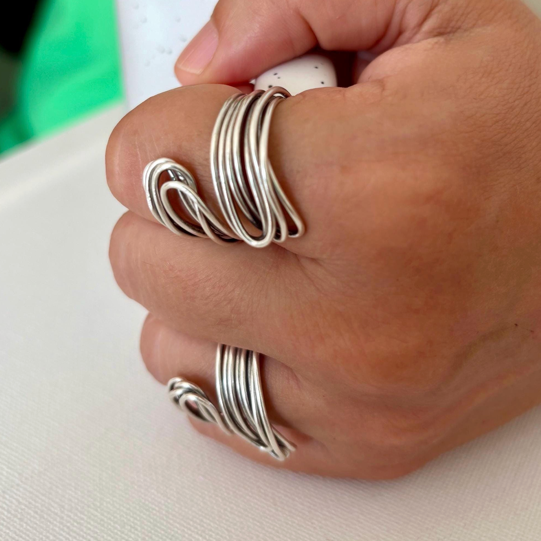 Adjustable Silver Wrap Ring with Chunky Wire Design – Gift for Her