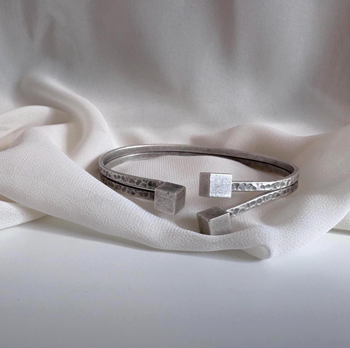 Rustic Silver Cuff Bracelet – Vintage Handmade Open Bangle with Cube Ends, Unisex Modern Jewellery