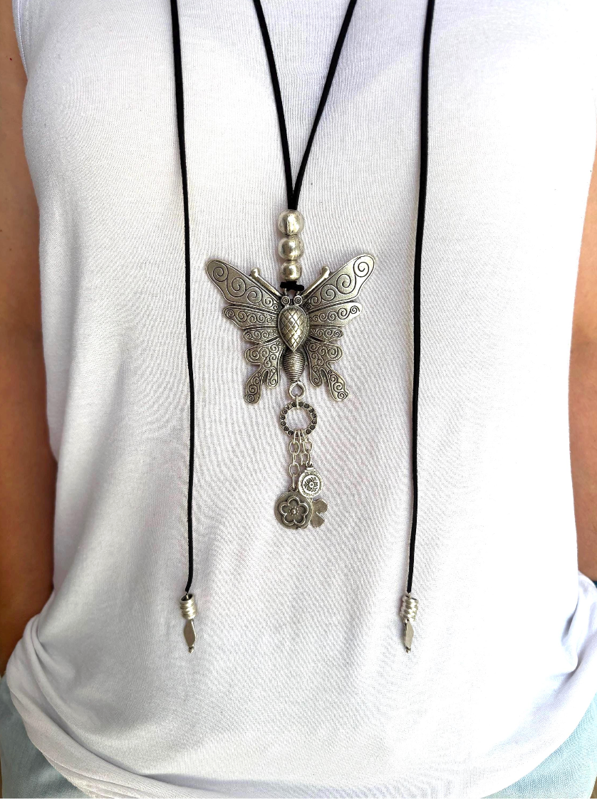 Butterfly Pendant Necklace | Boho Vintage-inspired necklace, Adjustable Long Cord Jewellery, Silver Plated Brass Jewelry