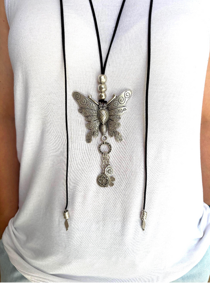 Butterfly Pendant Necklace | Boho Vintage-inspired necklace, Adjustable Long Cord Jewellery, Silver Plated Brass Jewelry