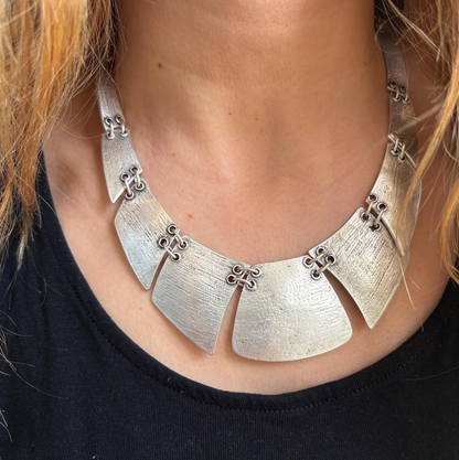 Boho Bib Necklace - Antique Silver Tone, Tribal Statement Jewelry