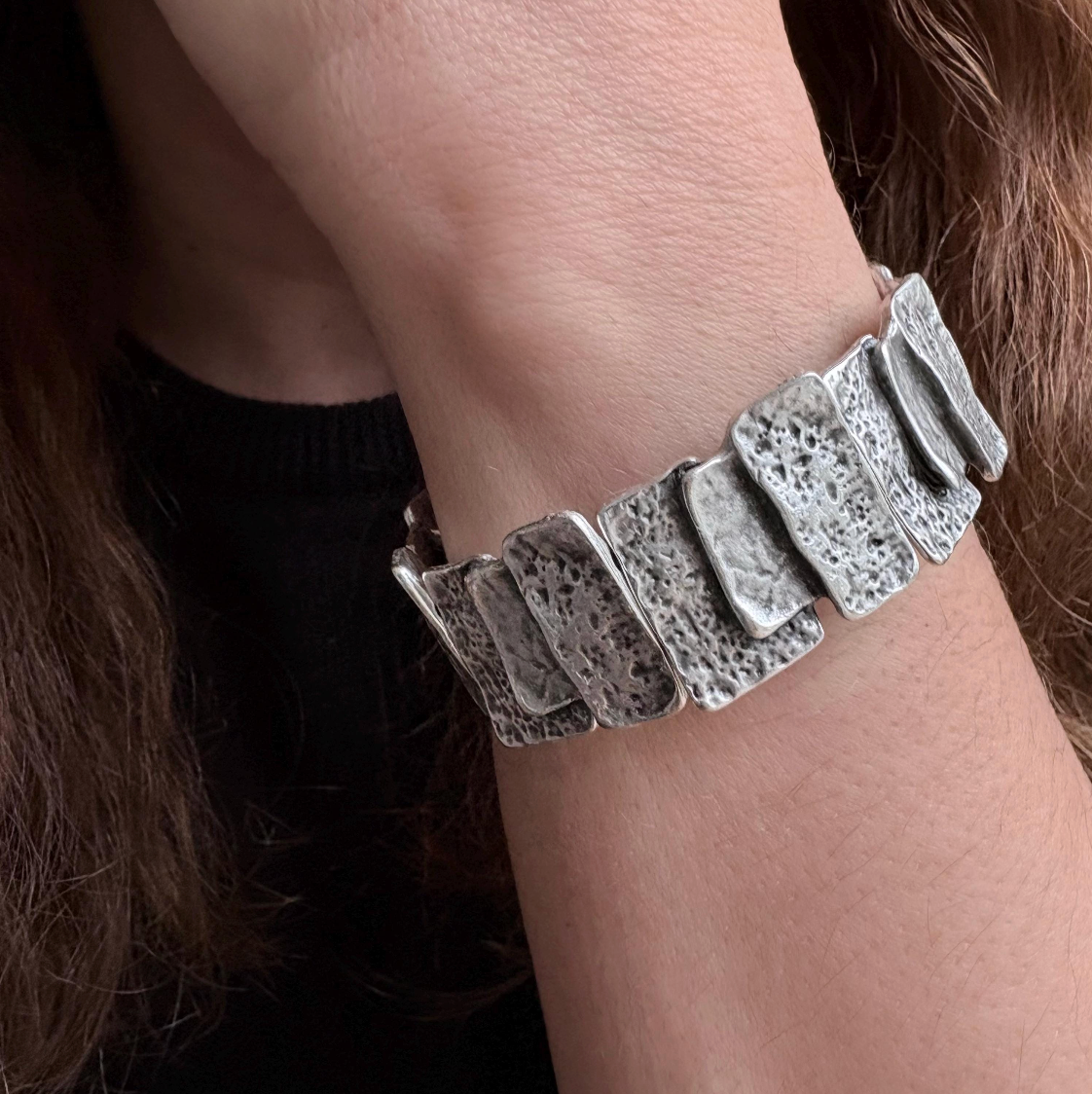 Hammered Silver Plated Stretch Bracelet, Chunky Rustic Link