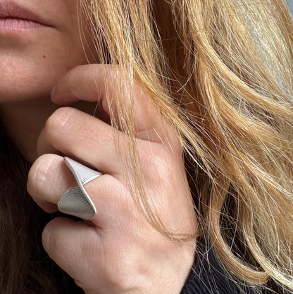 Silver Plated Brass Crossover Ring • Ribbed Geometric Adjustable Band