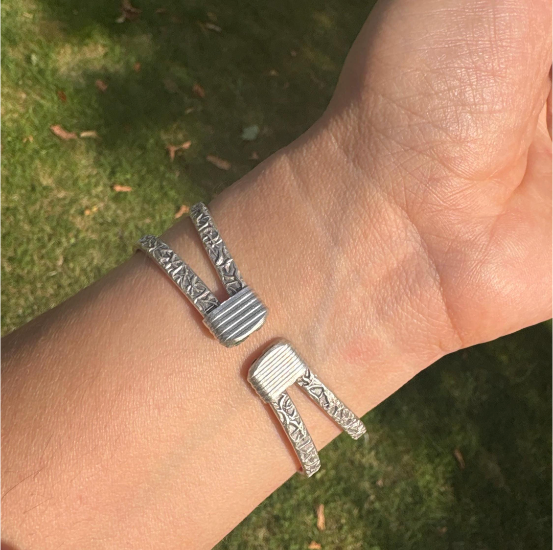 Adjustable Cuff Bangle: Antique Silver Finish, Floral Engraving, Brass
