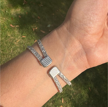 Adjustable Cuff Bangle: Antique Silver Finish, Floral Engraving, Brass