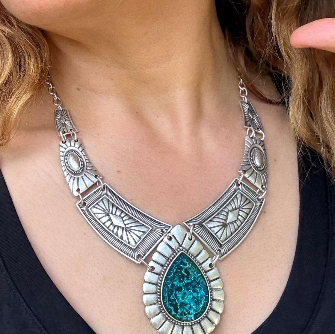Bohemian Statement Necklace : Chunky Geometric Blue Enamel Festival Jewelry,  Silver Cord Necklace for her