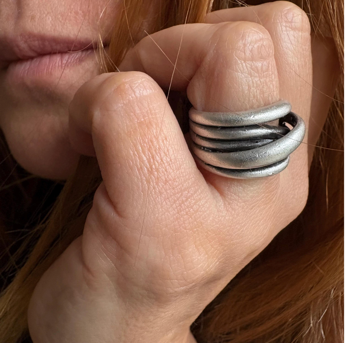 Hammered Silver Brutalist Ring, Adjustable Multi-Strand Wrap Band