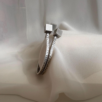 Rustic Silver Cuff Bracelet – Vintage Handmade Open Bangle with Cube Ends, Unisex Modern Jewellery