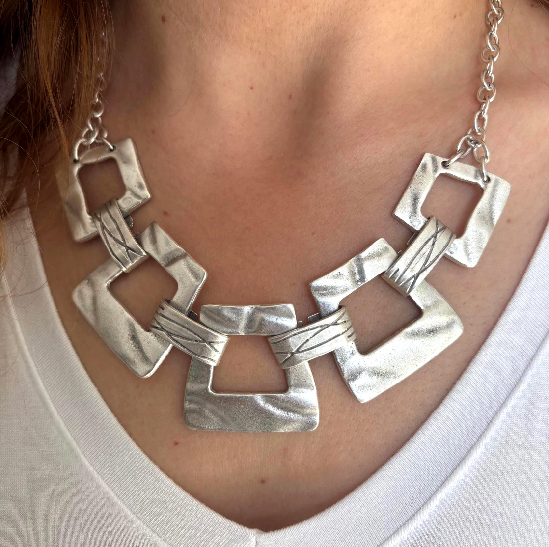 Matte Silver-plated Geometric Choker Necklace: Vintage-Modern Statement Jewellery, Gift for Her
