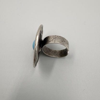 Turquoise Statement Ring, Silver Plated Brass, Adjustable Boho Jewelry