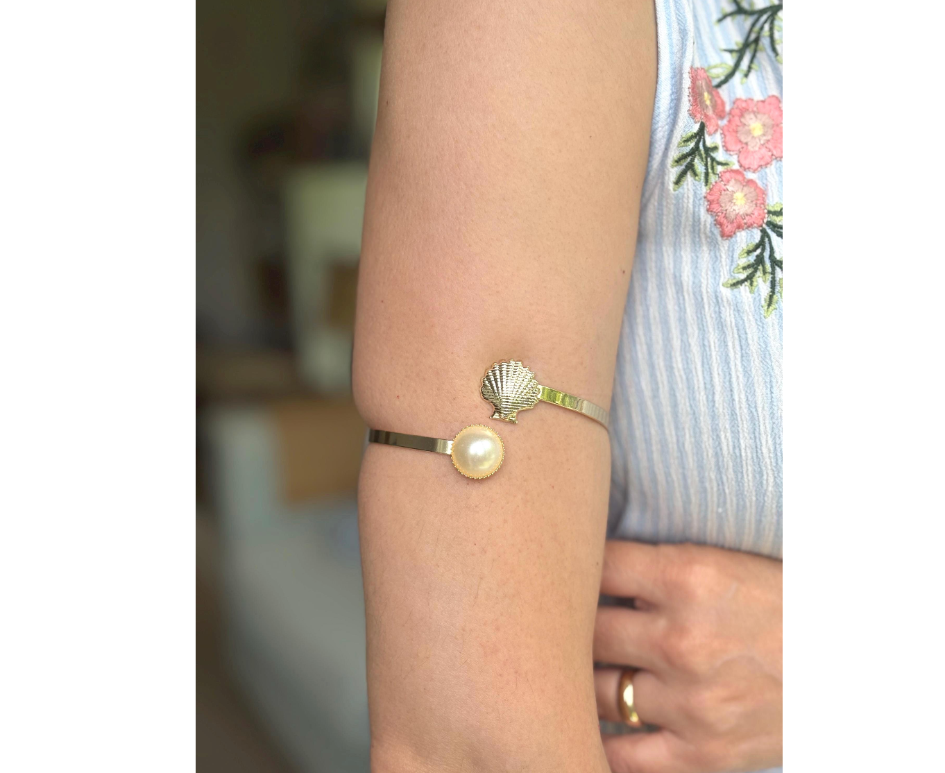 Boho Brass Arm Cuff: Shell and Faux Pearl Armlet