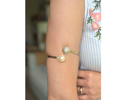 Boho Brass Arm Cuff: Shell and Faux Pearl Armlet