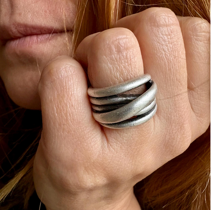 Hammered Silver Brutalist Ring, Adjustable Multi-Strand Wrap Band