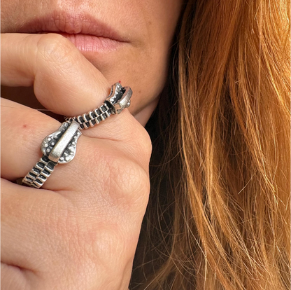 Antique Silver Zipper Ring • Industrial Steampunk Adjustable Band