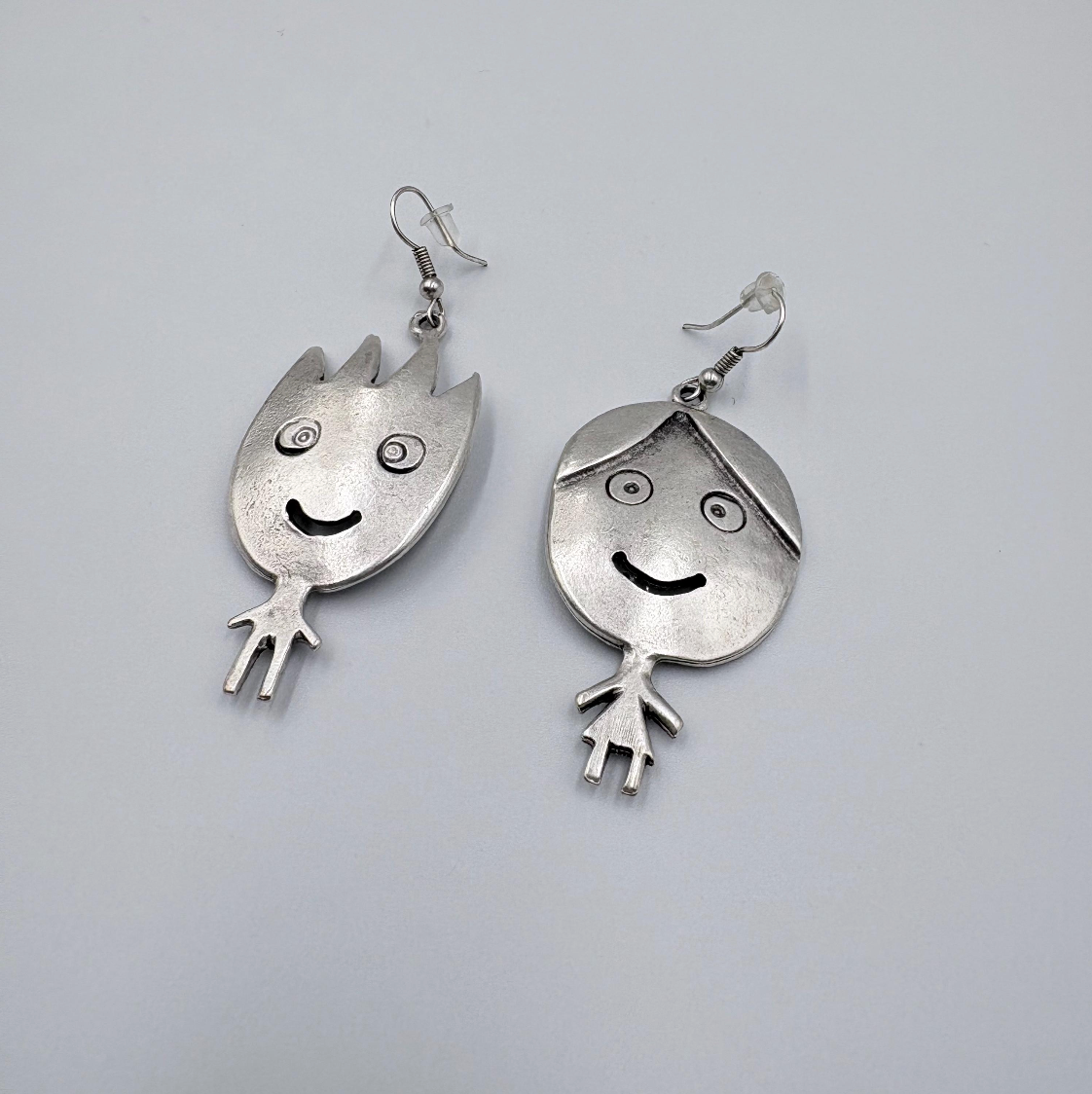 Vintage Silver Tone Smiling Boy and Girl Earrings | Whimsical Dangle Jewelry