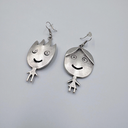 Vintage Silver Tone Smiling Boy and Girl Earrings | Whimsical Dangle Jewelry