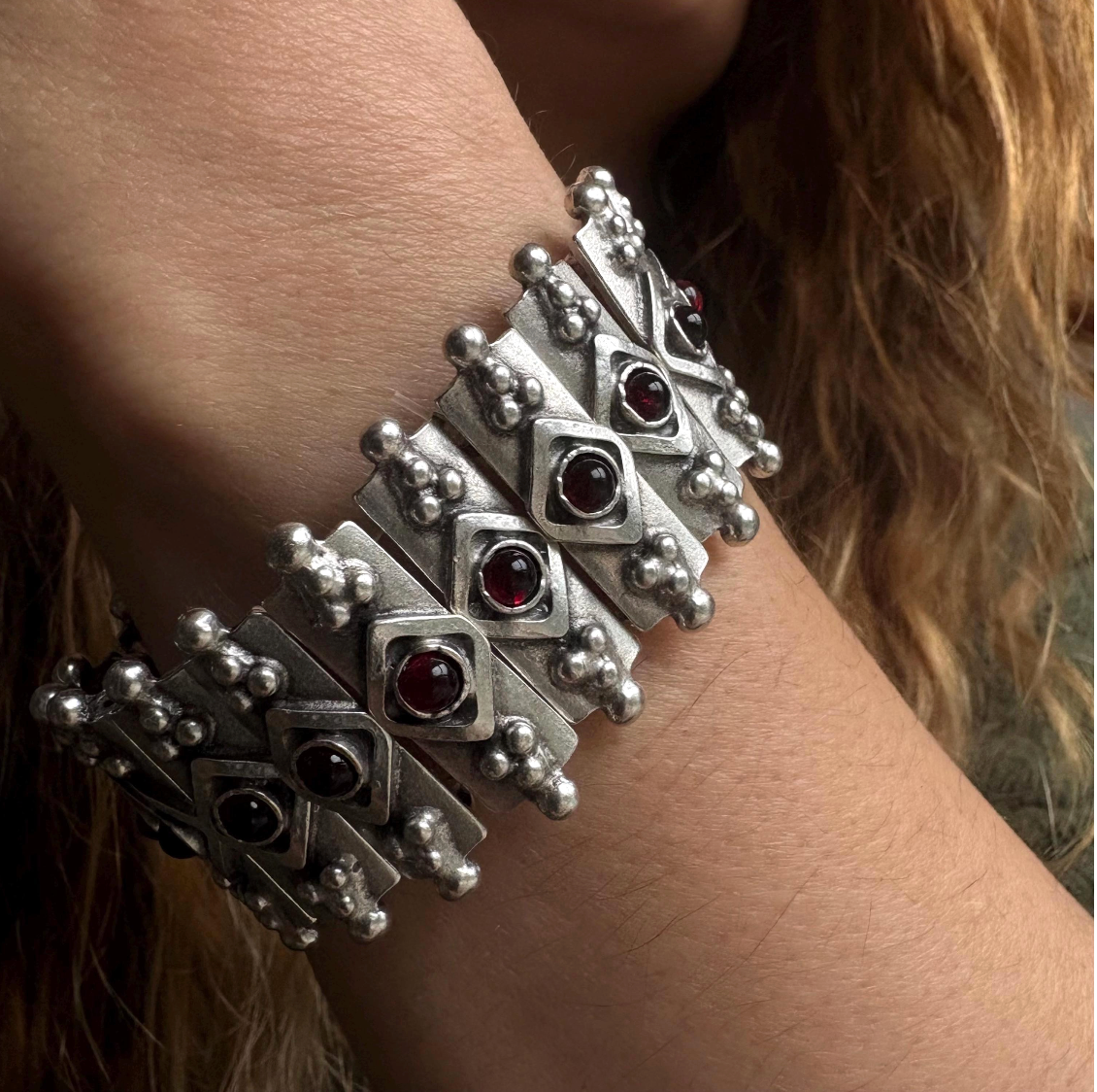 Bohemian Garnet Panel Bracelet, Silver Plated Brutalist Cuff, Gift For Her