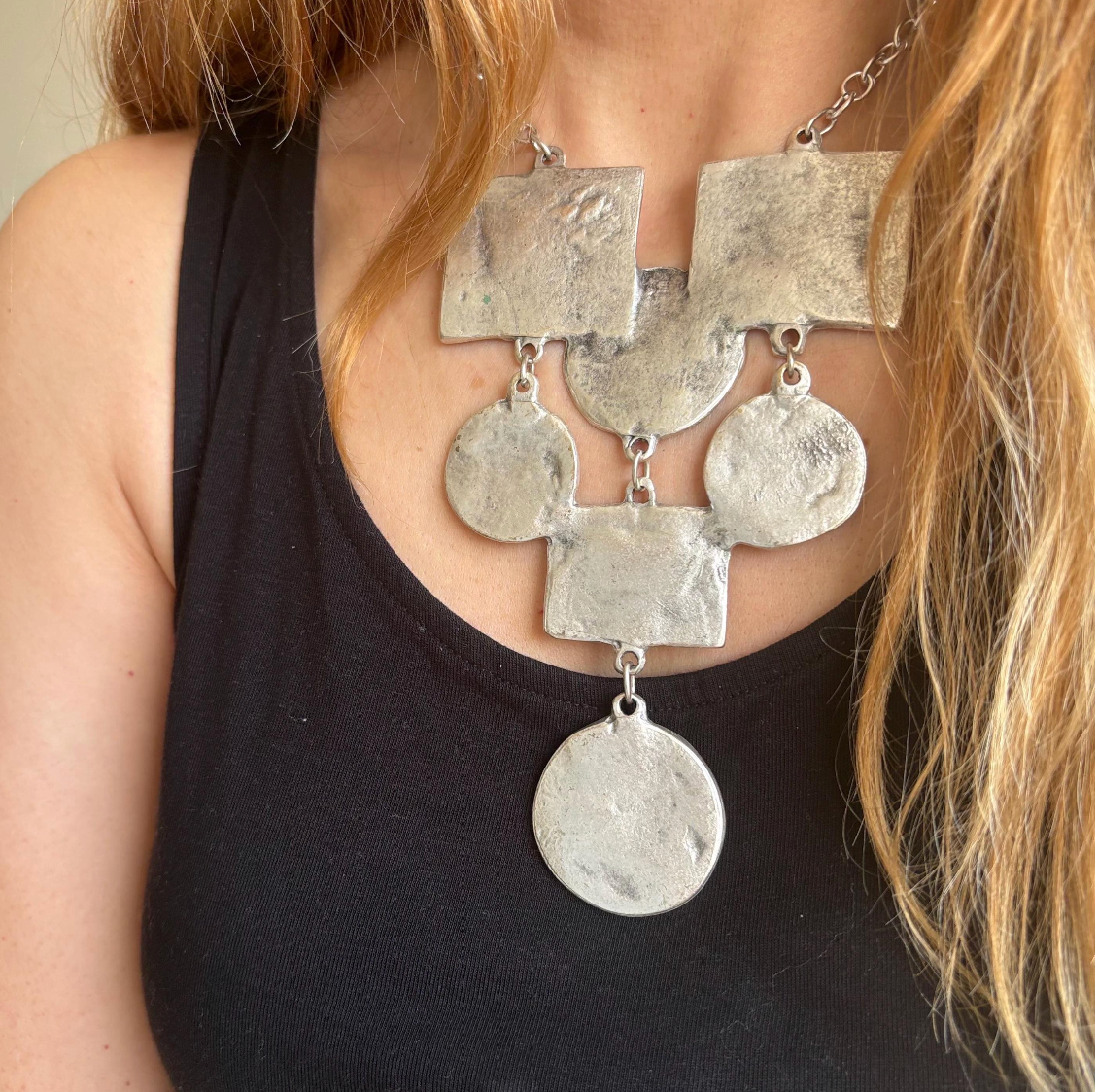 Hammered Silver-Plated Bib Necklace, Brutalist Southwestern Statement Collar