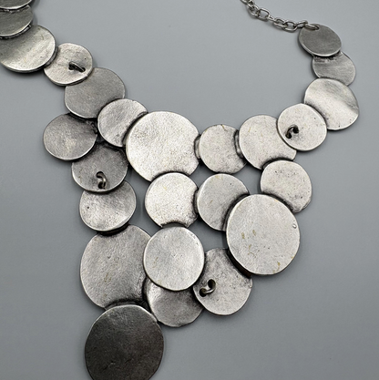 Brutalist Silver Plated Disc Necklace, Hammered Medallion Collar, Boho Bib Jewelry, Gift for Her