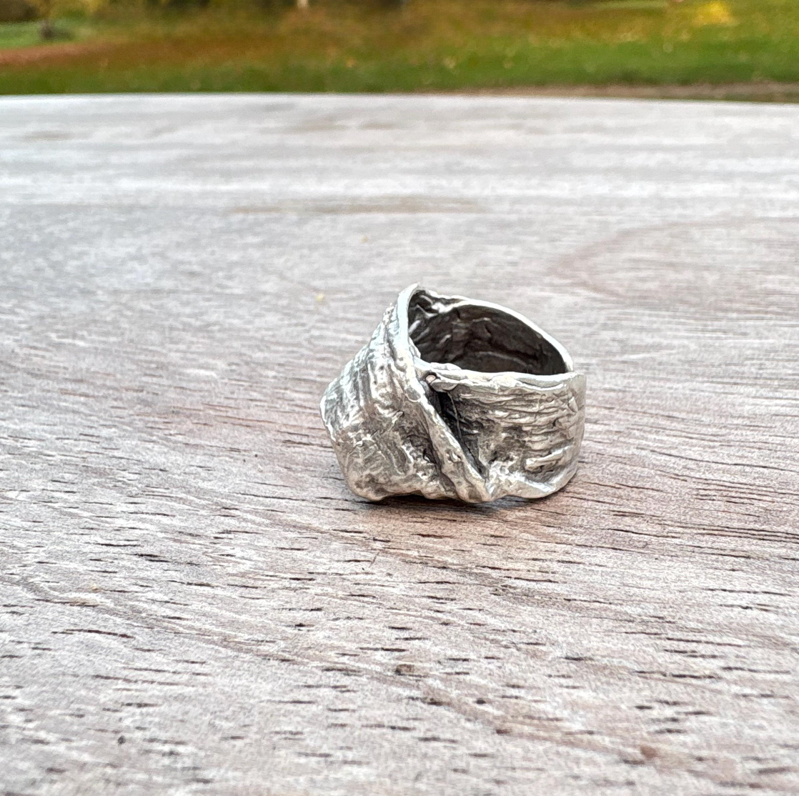 Chunky Abstract Silver Ring | Irregular Textured Lava Design | Adjustable Statement Ring