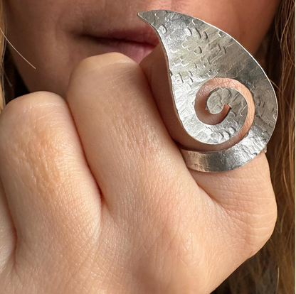 Hammered Silver Spiral Ring • Adjustable Artisan Statement Jewelry • Geometric Ring