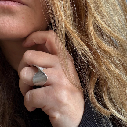 Silver Plated Brass Crossover Ring • Ribbed Geometric Adjustable Band