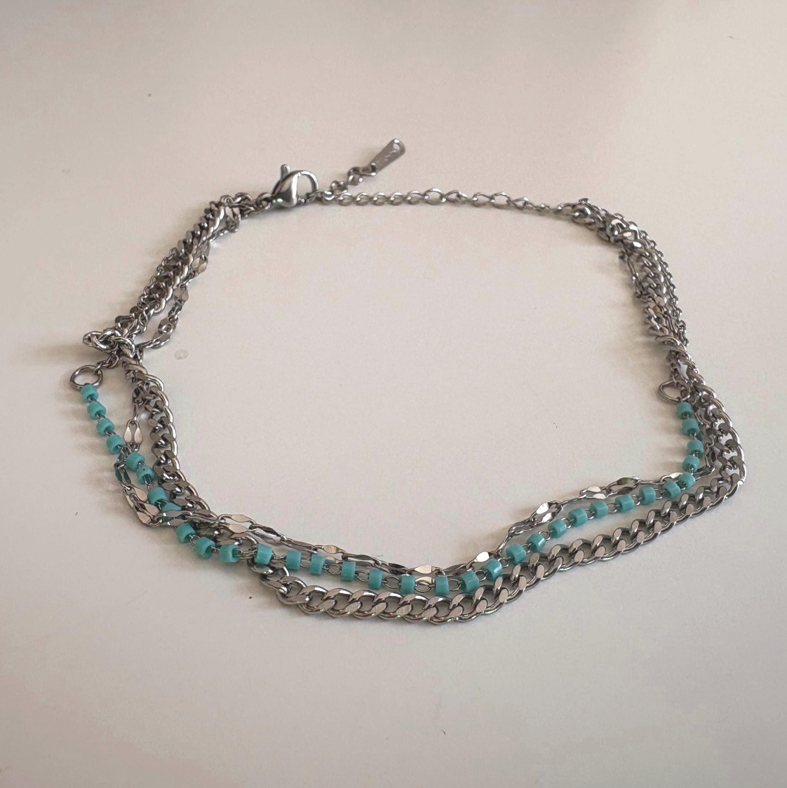 Layered Stainless Steel Anklet: Turquoise Beads, Adjustable Beach Jewelry