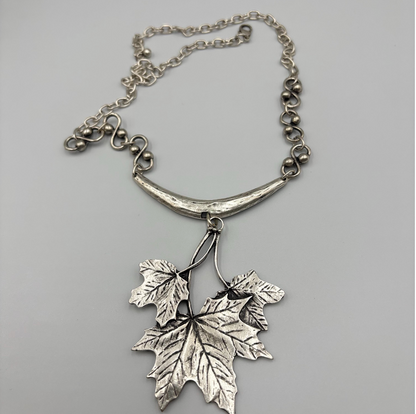 Silver Maple Leaf Necklace, Rustic Boho Pendant, Woodland Jewelry