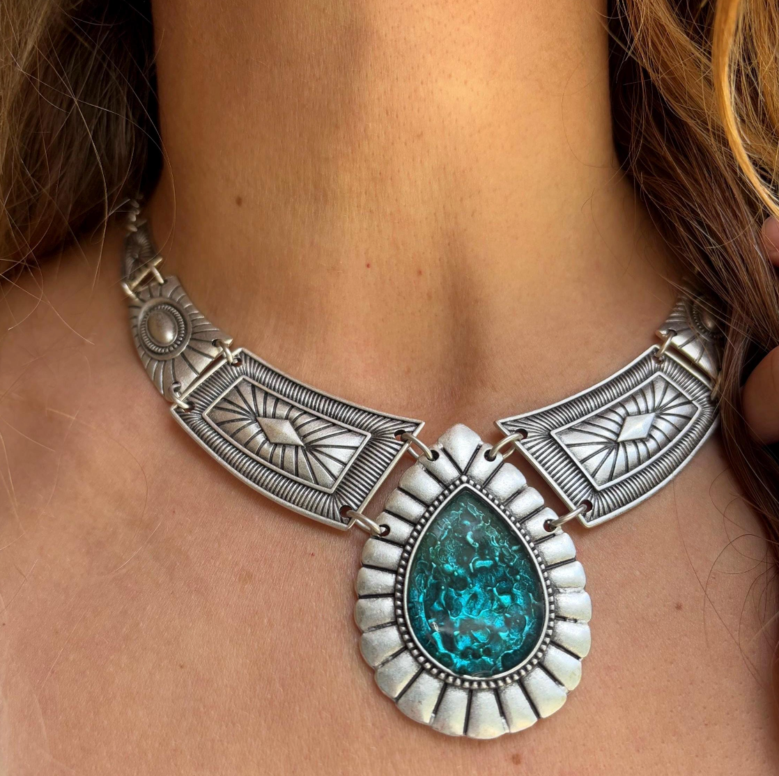 Bohemian Statement Necklace : Chunky Geometric Blue Enamel Festival Jewelry,  Silver Cord Necklace for her