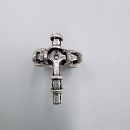 Adjustable Cross Ring, Silver Plated Brass, Gothic Brutalist Style, Unisex Ring