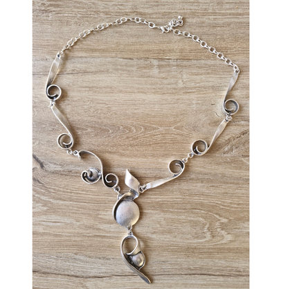 Abstract Silver Statement Necklace, Brutalist Art Deco Swirl Pendant