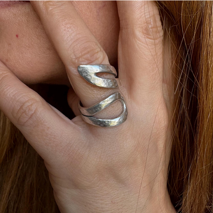 Adjustable Silver-Plated Brass Ring, Brutalist Modernist Jewelry