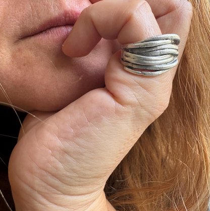 Rustic Silver Finish Brass Wrap Ring – Adjustable Organic Band