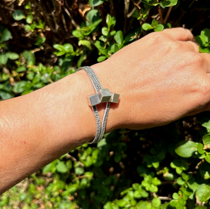 Rustic Silver Cuff Bracelet – Vintage Handmade Open Bangle with Cube Ends, Unisex Modern Jewellery