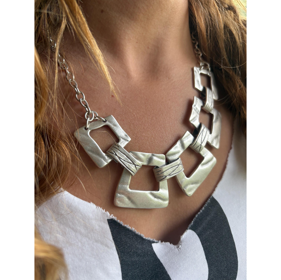 Matte Silver-plated Geometric Choker Necklace: Vintage-Modern Statement Jewellery, Gift for Her