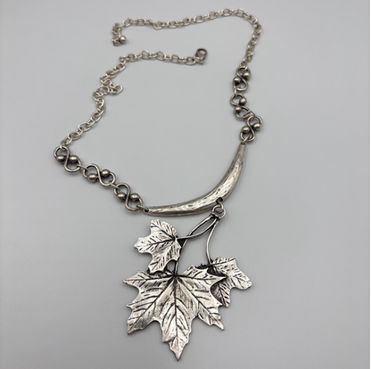 Silver Maple Leaf Necklace, Rustic Boho Pendant, Woodland Jewelry