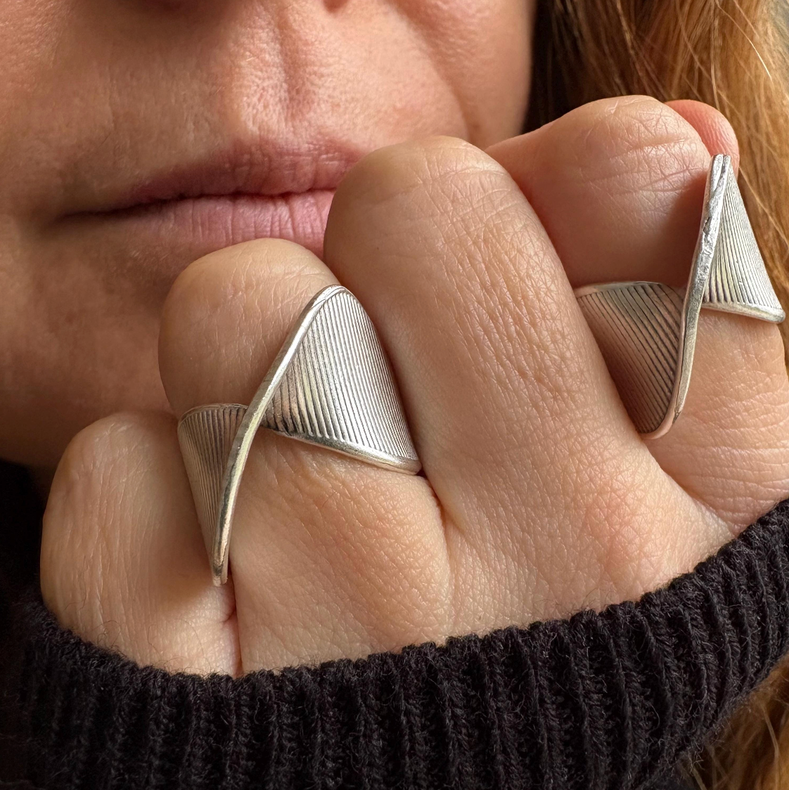 Silver Plated Brass Crossover Ring • Ribbed Geometric Adjustable Band