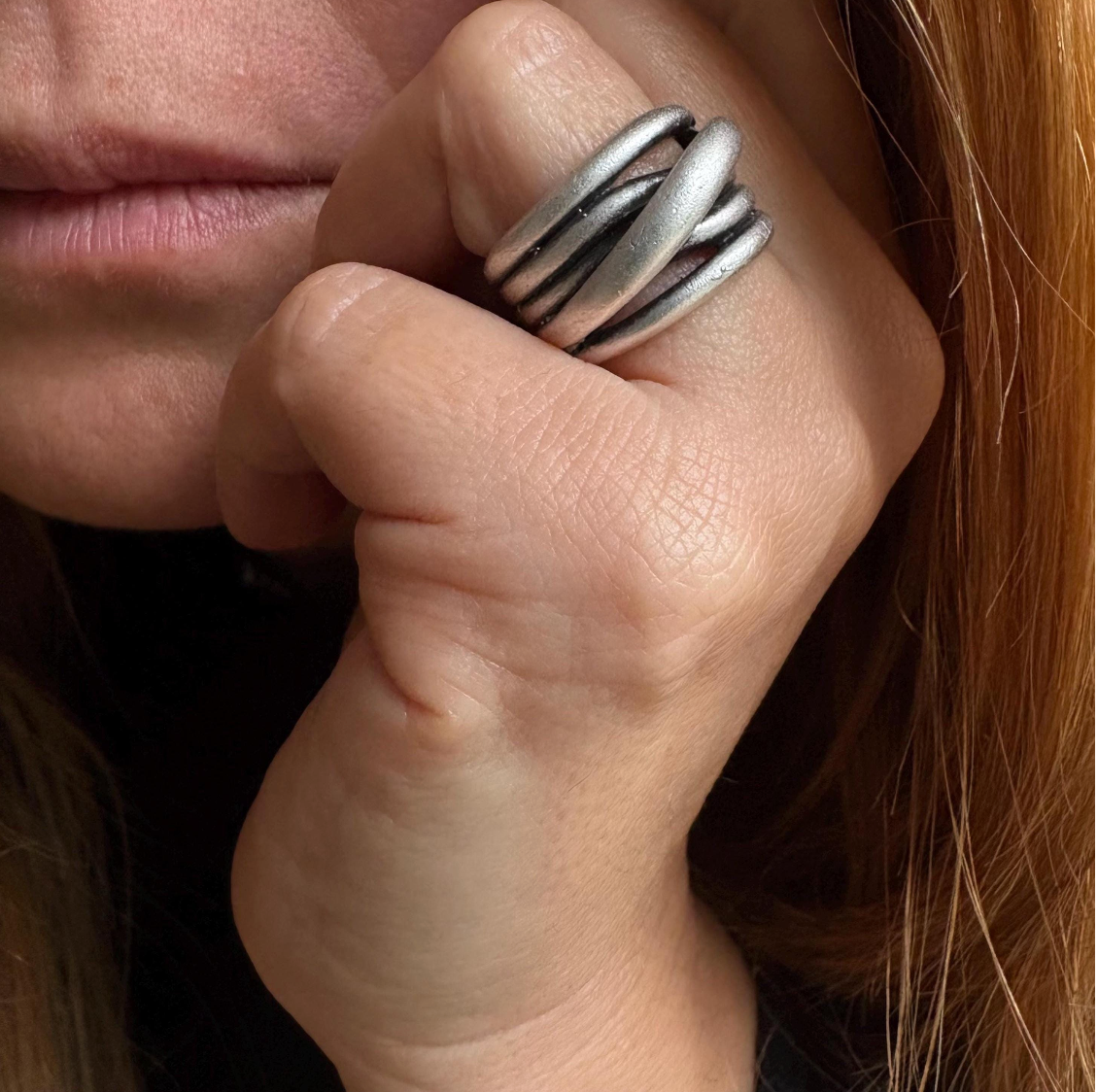 Hammered Silver Brutalist Ring, Adjustable Multi-Strand Wrap Band