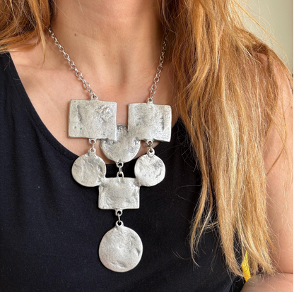 Hammered Silver-Plated Bib Necklace, Brutalist Southwestern Statement Collar