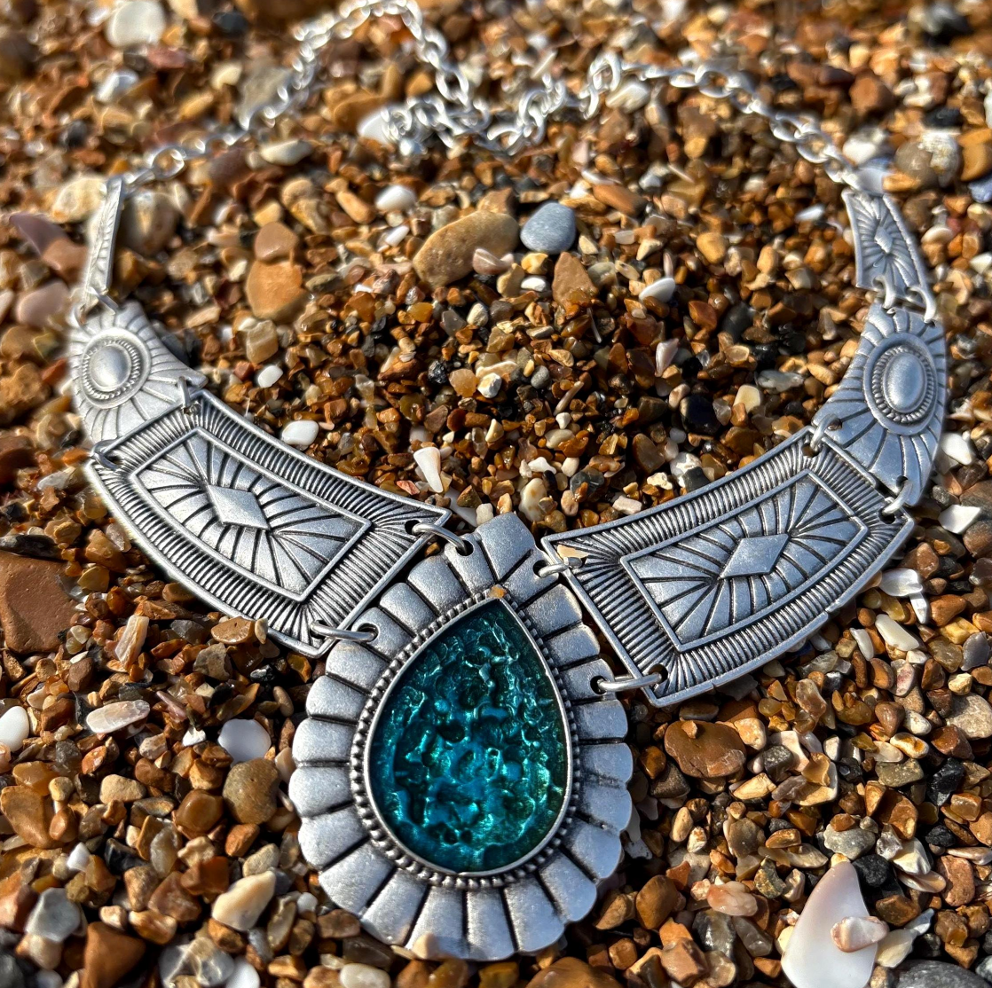 Bohemian Statement Necklace : Chunky Geometric Blue Enamel Festival Jewelry,  Silver Cord Necklace for her